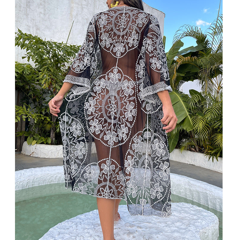 Water Soluble Silk Sun Protection Clothing Hollow Out Cutout Embroidered Strap Loose Sexy Casual Beach Cover Up Bella Mia