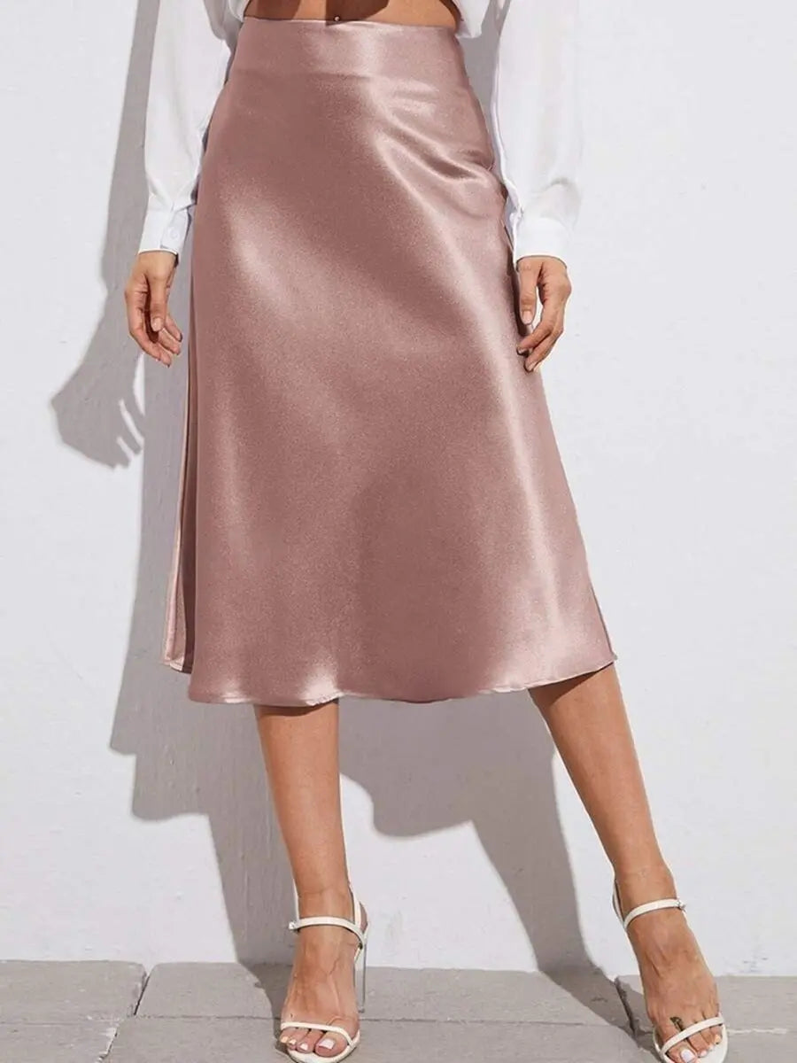 High Waist Satin Midi Skirt With Zipper A Line Regular Fit Women Bella Mia