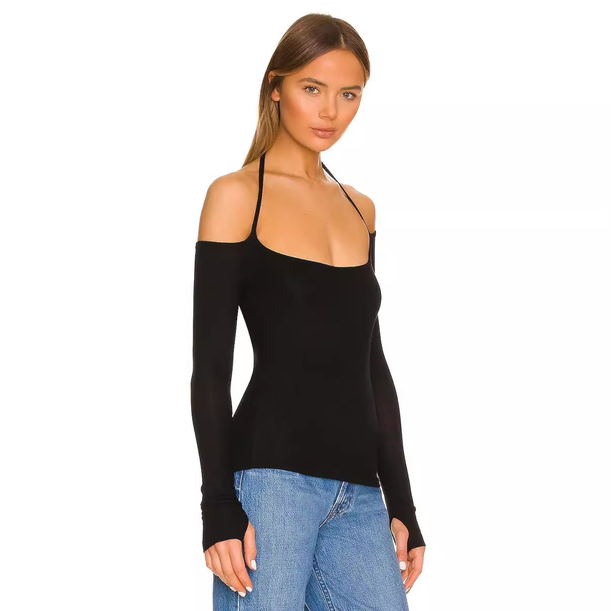 Autumn Long Sleeve Thumb Hole T shirt Sexy Halter off Shoulder Women Clothing Design Blouse Bella Mia