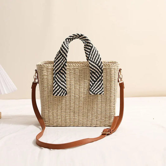 Handheld Straw Bag Square Crossbody Woven Beach Bag Rattan Weave Large Capacity Bella Mia