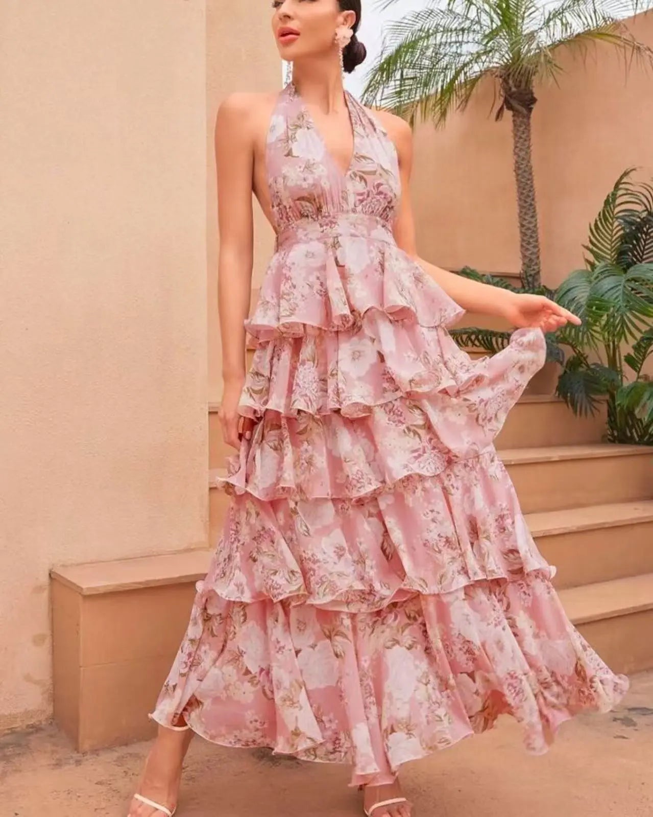 Elegant Halter Maxi Dress Floral Print Backless Sleeveless Ruched Ruffled Bella Mia