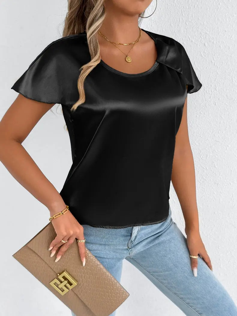 Elegant Satin Short Sleeve Blouse For Women Crew Neck Top Bella Mia