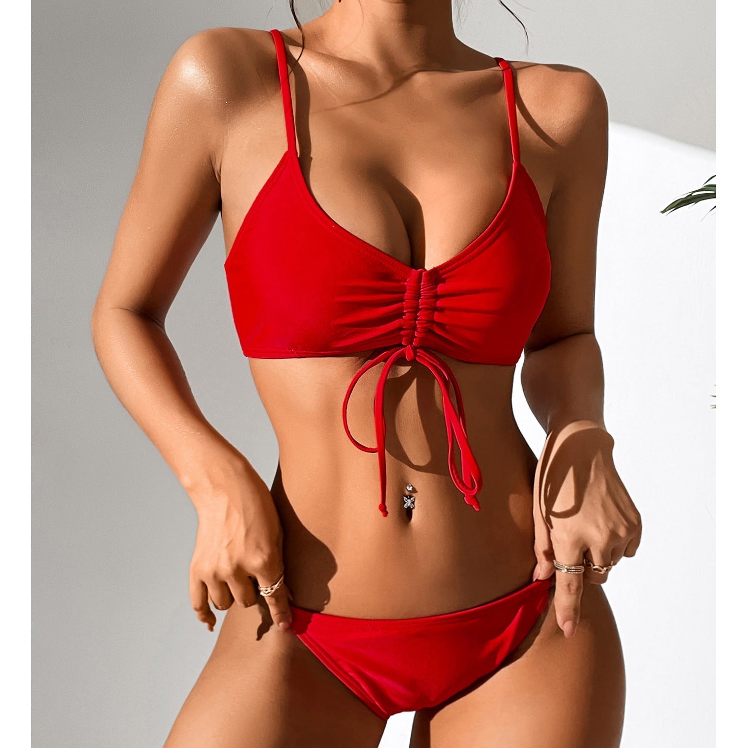 Solid Color Drawstring Lace Sexy High Waist Split Swimsuit Bikini Swimsuit Women Bella Mia