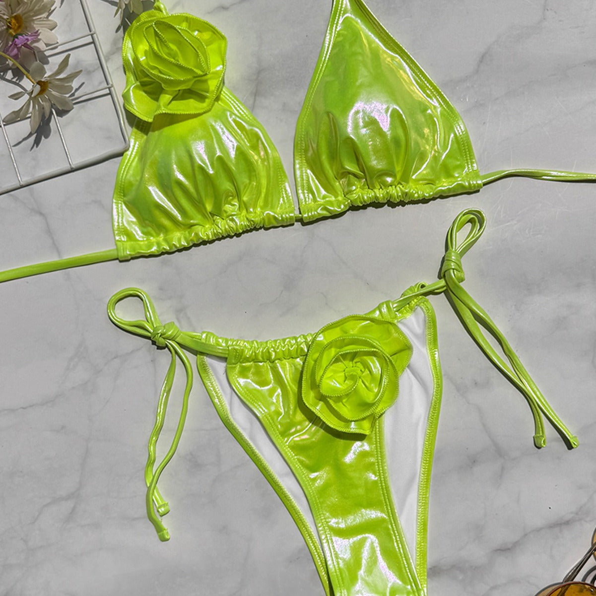 Bronzed Fabric Split Bikini Three Dimensional Floral Sexy Hanging Triangle Bag Swimsuit Bella Mia