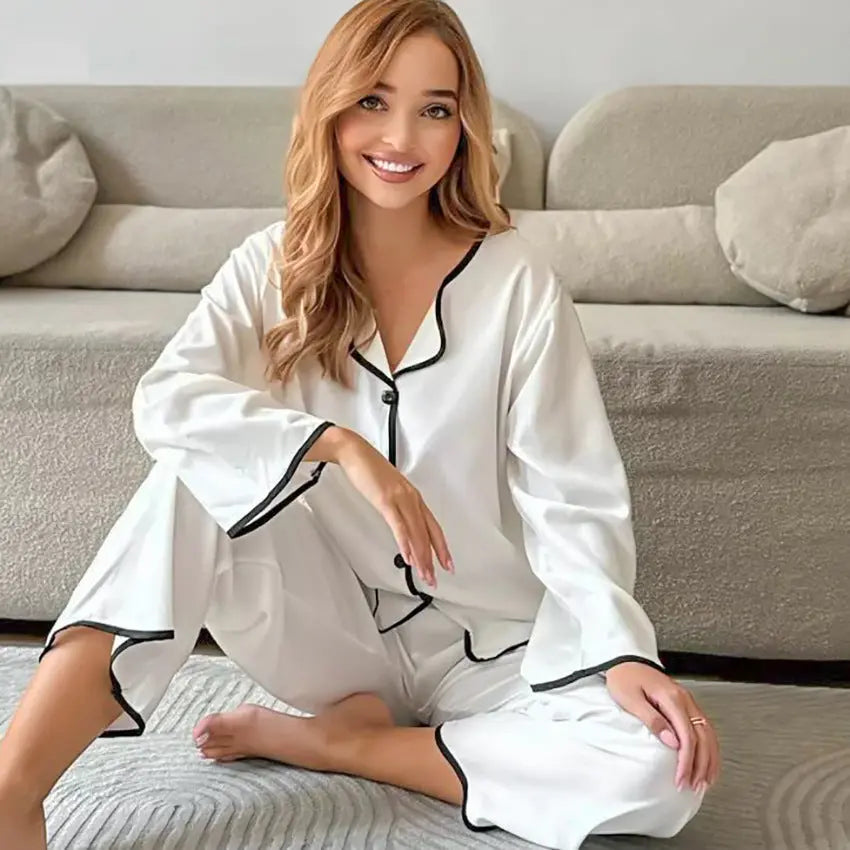 Fall Modal Color Contrast Patchwork Home Wear Women Long Sleeved Trousers Comfortable Pajamas Bella Mia