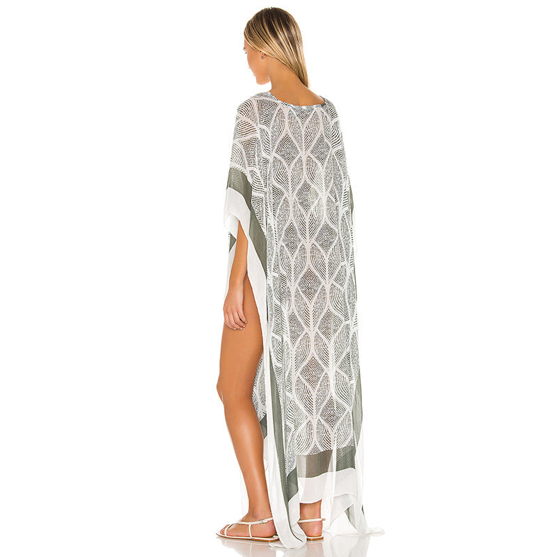 Sun Protective Clothing Women Square Geometry Printed V Neck Pullover Beach Cover Up Swimsuit Outwear Women Bella Mia