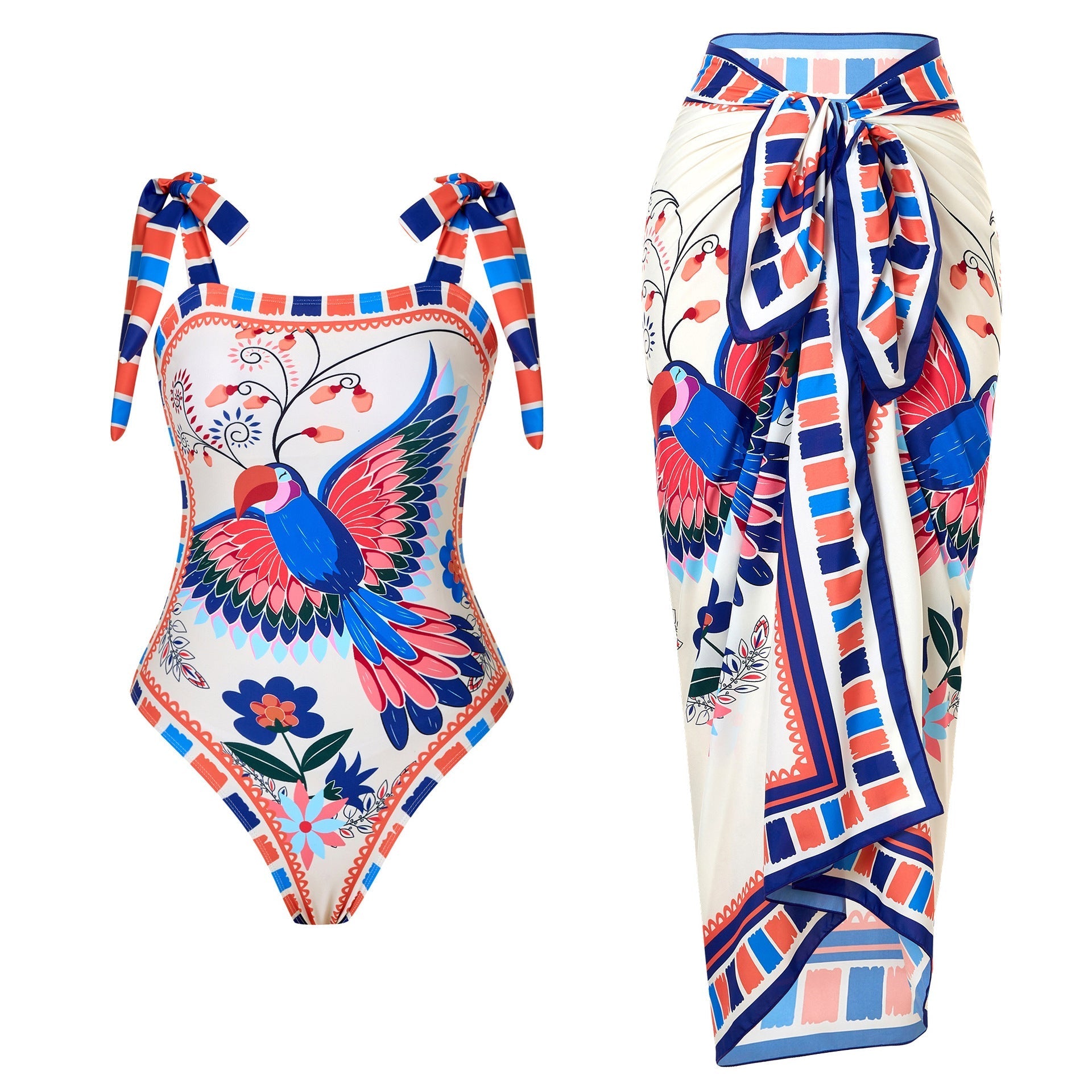 Products Retro Printed Swimsuit Women Conservative One Piece Chiffon Two Piece Sets Blouse Swimsuit Outfit Bella Mia