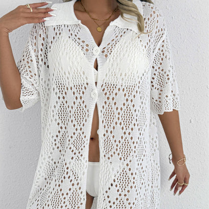 Women Polo Collar Cardigan Women Clothing Sexy Cutout Woven Beach Beach Cover Up Loose Short Sleeve Overskirt