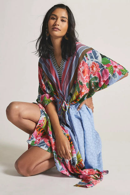 Positioning Two-Head Printed Pull-Belt Blouse Holiday Casual Beach Bikini Cover