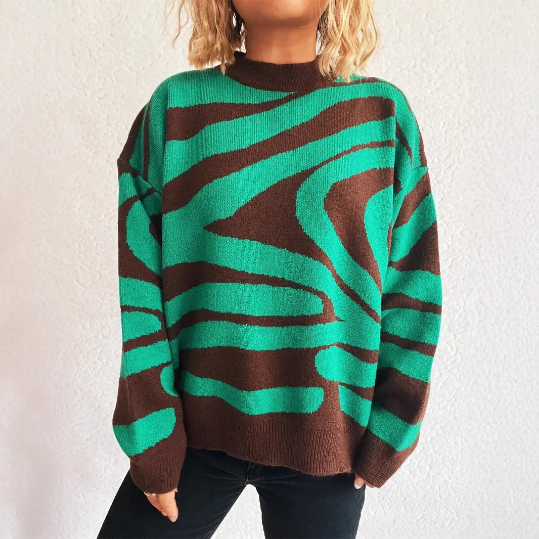Women Clothing Fall Knitted Pullover Zebra Pattern round Neck Shabby Sweater Bella Mia