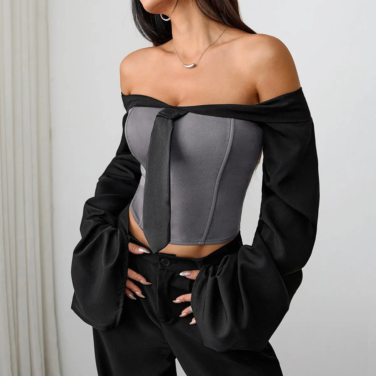 Sexy Sexy Long Sleeved Tube Top Women Fall Slim Fit Tie Wrapped Chest Boning Corset Design Short Top Bella Mia