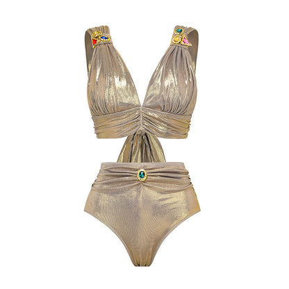 Colorful Crystals Decorative V neck High Waist Bikini Swimsuit Women