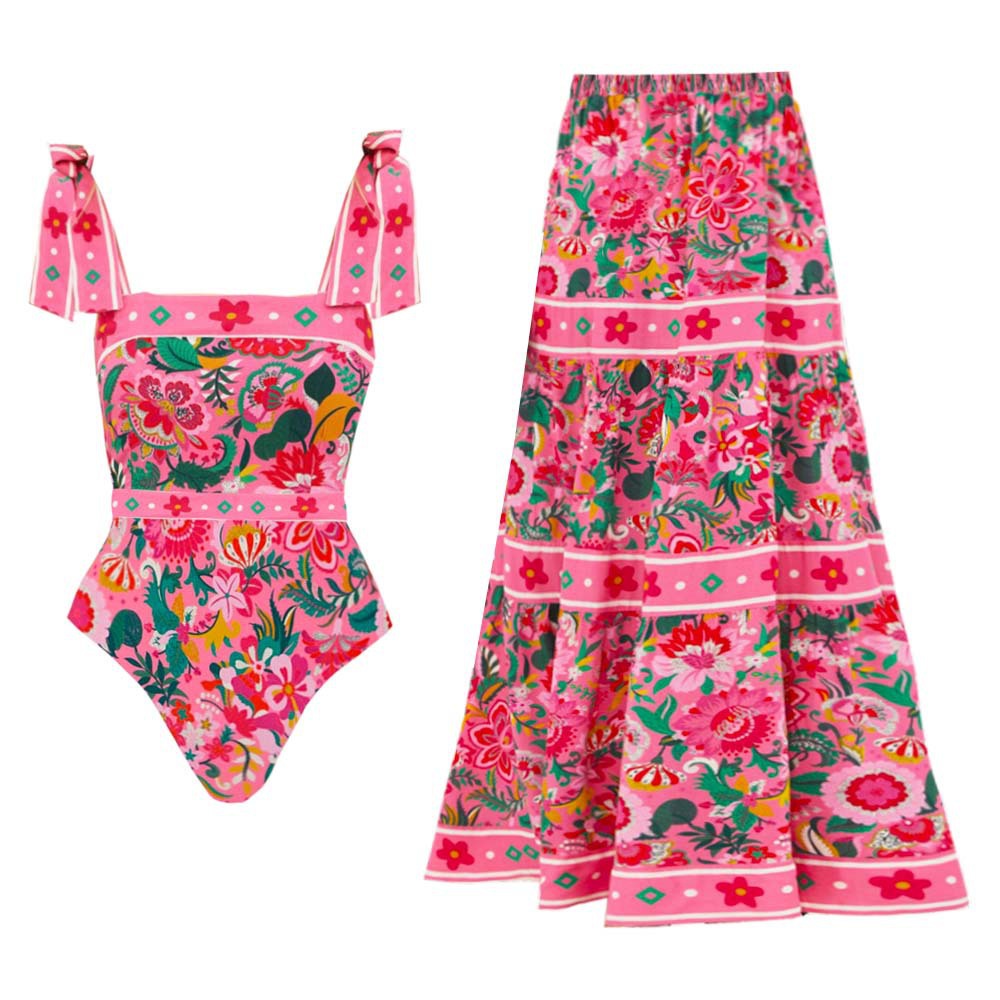 Printed Bow Shoulder Strap One Piece Swimsuit Women Bella Mia