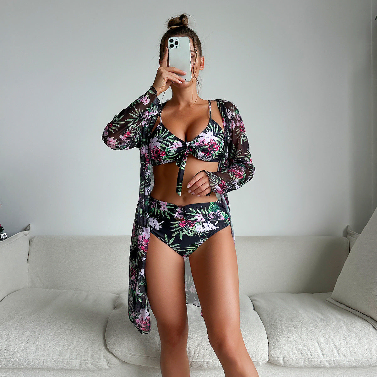 Swimsuit Women Two Piece Printed Long Sleeve Internet Celebrity Bikini Three Piece Swimsuit Bella Mia