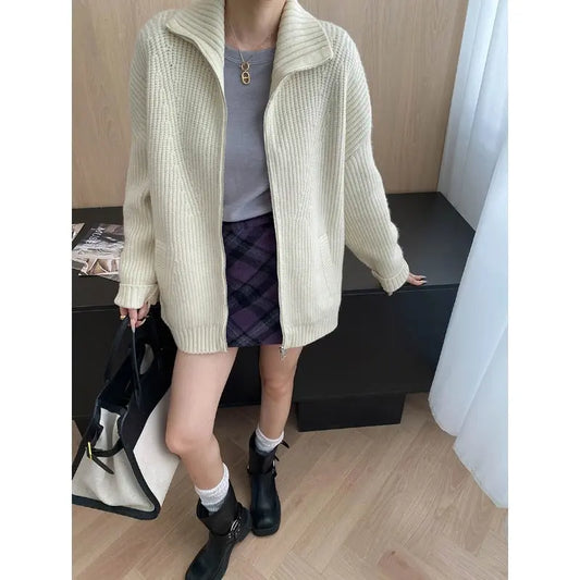 Loose Feeling Weekend Soft Glutinous Idle Double Zipper Loose Knitted Cardigan Sweater Coat Bella Mia