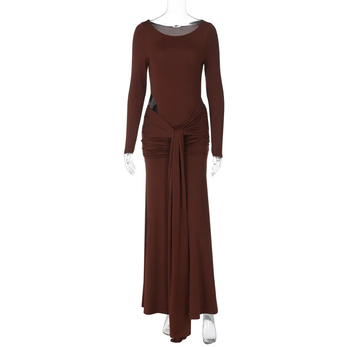 Women Clothing Autumn Solid Color round Neck Long Sleeve Waist Hollow Out Cutout out Strap Slim Maxi Dress Bella Mia