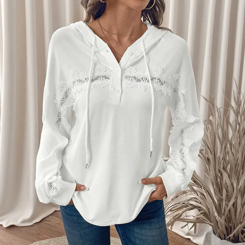 Women Lace Patchwork Hoodie Embroidered Pullover Top Solid Color Spring Fall Bella Mia