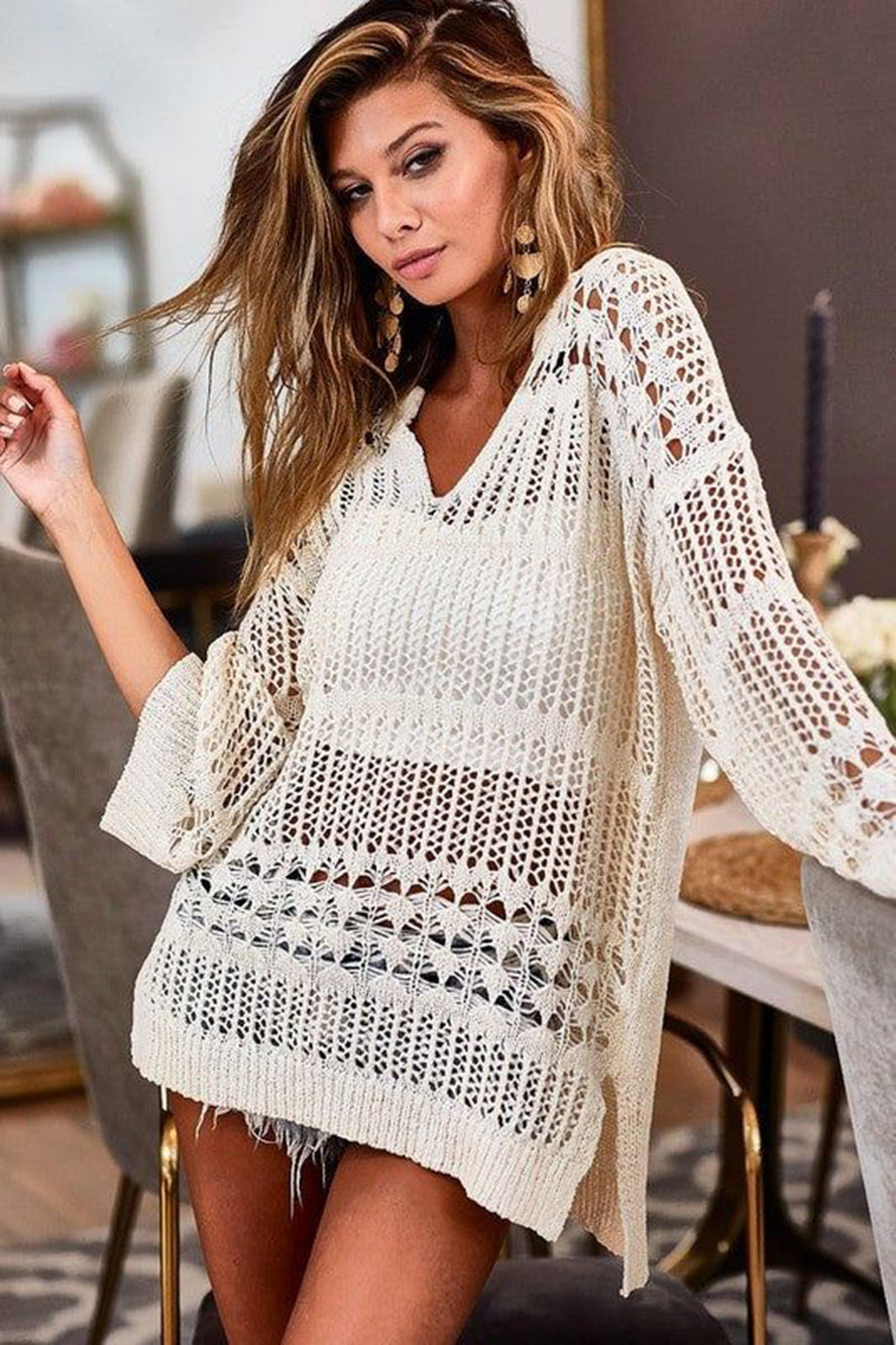 Knitted Beach Cover up Sexy Hollow Out Long Sleeved Vacation Sun Protection Shirt Beach Cover Up Bella Mia