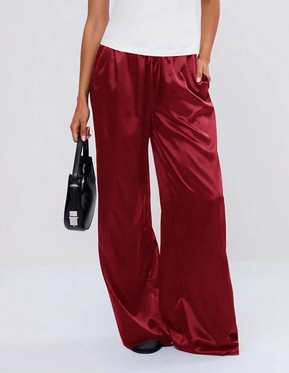 Women Clothing Trendy Autumn Satin Satin Casual Pants Loose Wide Leg Drawstring Long Pants Bella Mia
