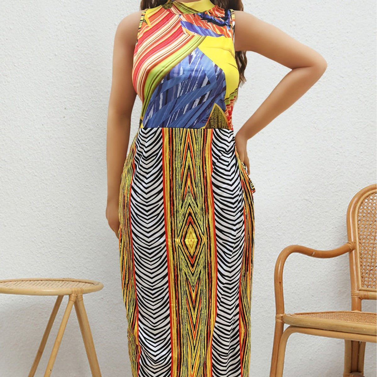 plus Size Women Women Clothing Summer Retro Mixed Color Printing Random Non Positioning Split Tied Dress Bella Mia