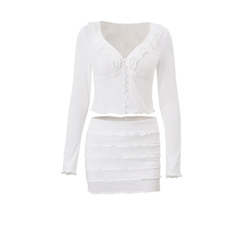Women Clothing Fall V neck Low Cut Ruffled Hooks Cardigan Top Sheath Skirt Set Bella Mia
