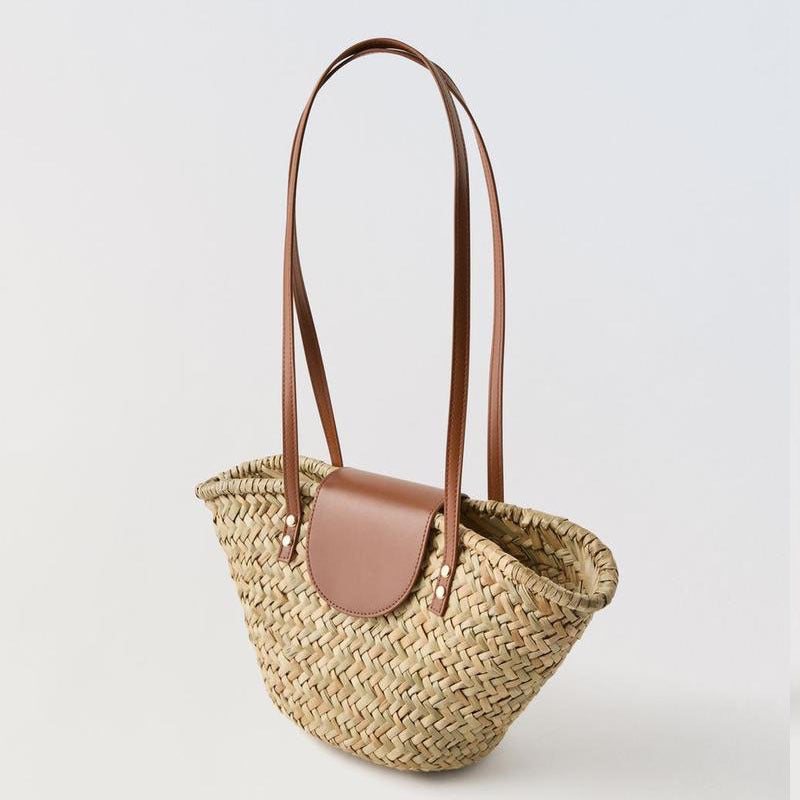 Natural Grass Shoulder Straw Bag Faux Leather Stitching Woven Bag Vacation Beach Bag All Match Rattan Weave Bag Bella Mia