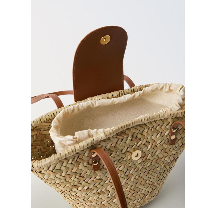 Natural Grass Shoulder Straw Bag Faux Leather Stitching Woven Bag Vacation Beach Bag All Match Rattan Weave Bag Bella Mia