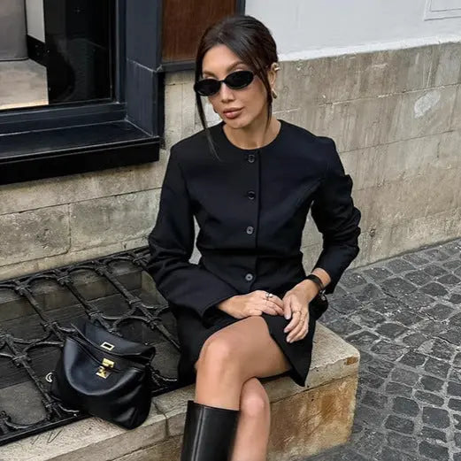 Autumn Niche Design round Neck Long Sleeve Waist Tight Slim Fit A line Dress Elegant Long Blazer for Women Bella Mia