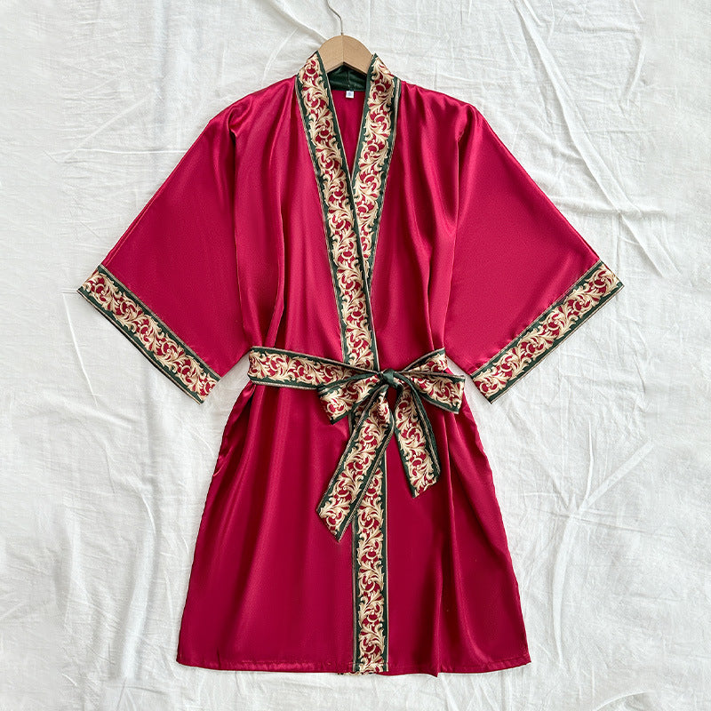 Ice Silk Nightdress Four Seasons Simplicity Homewear Sexy Mid Length to Long Cardigan Nightgown Bathrobe Women Chinese Nightgown Bella Mia