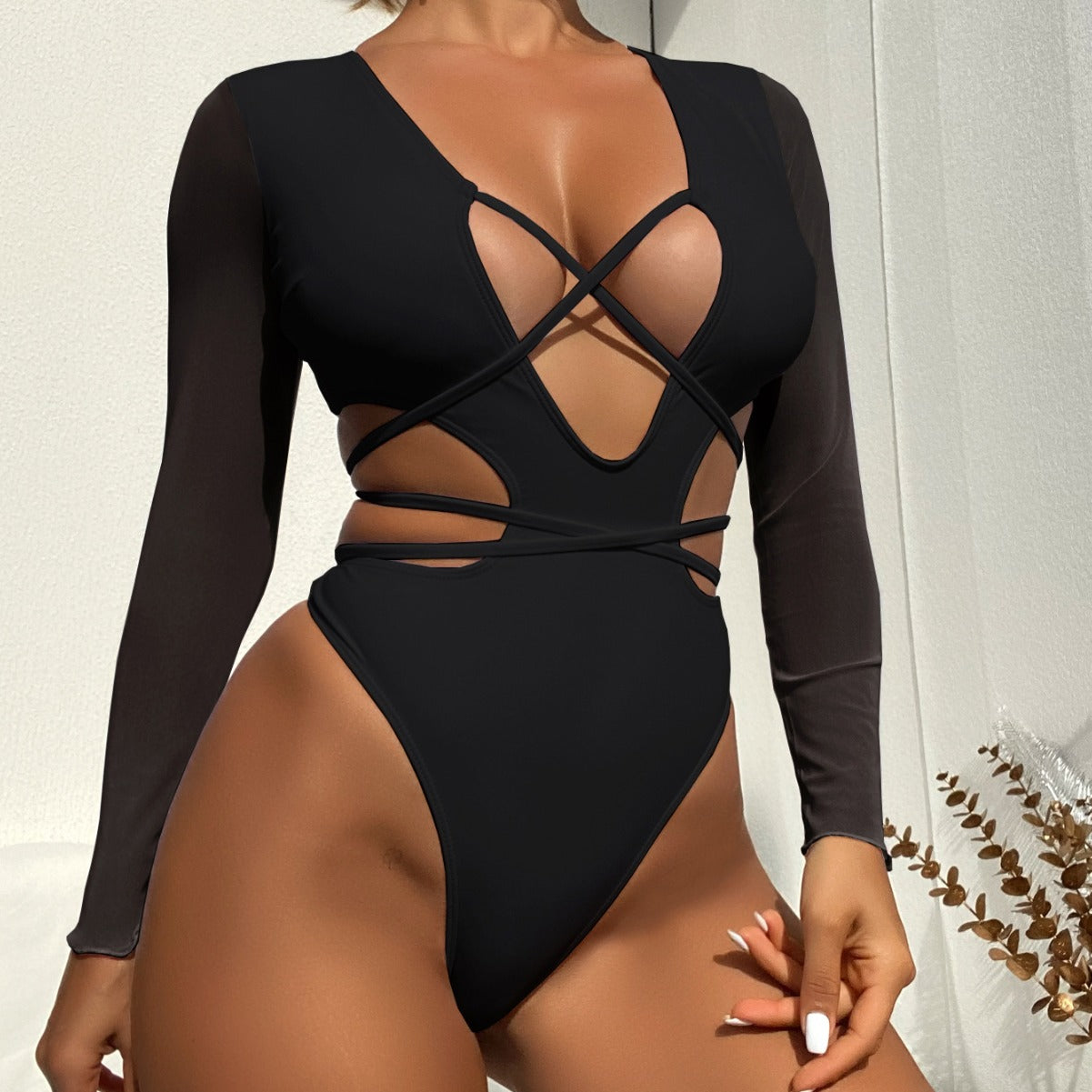 Women Solid Color Long Sleeve One Piece Swimsuit Sexy Bikini Bella Mia