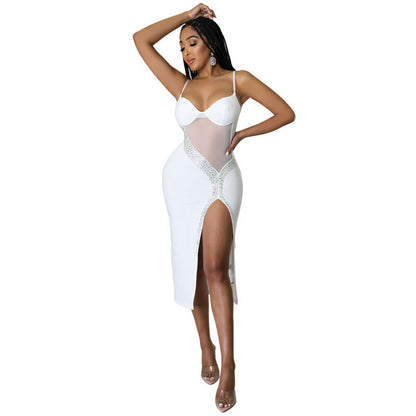 Dress Fur Women Braces Mid Length Rhinestone Sexy Dress