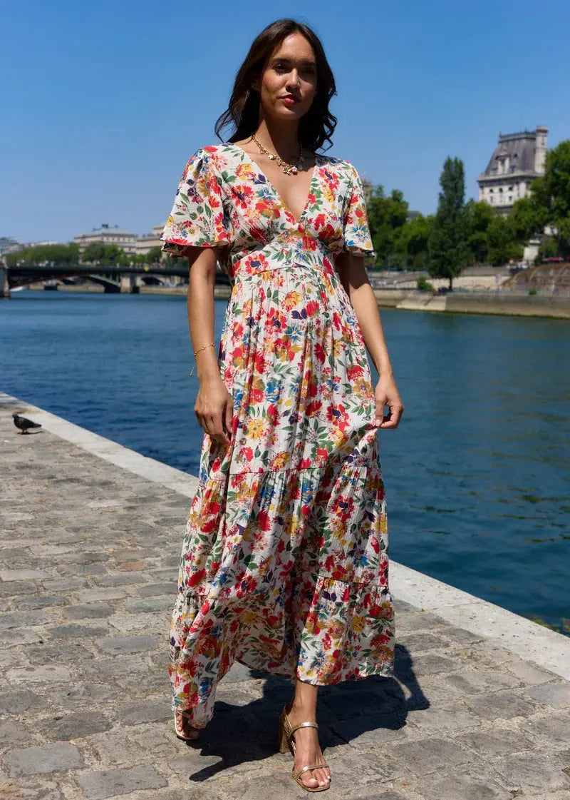 Autumn Floral V Neck Butterfly Sleeve Maxi Dress Cutouts Bella Mia