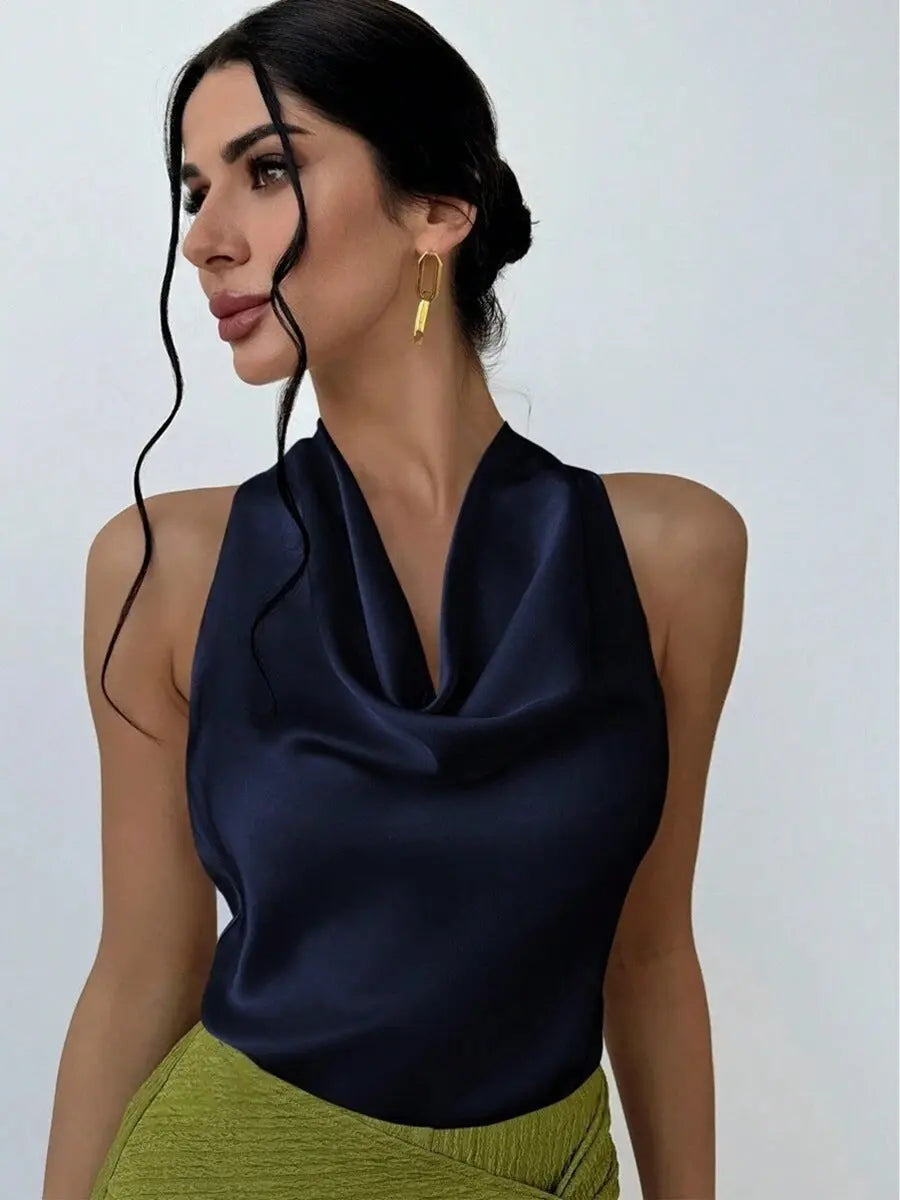 Elegant Satin Halter Tank Top Sleeveless With Cowl Neck And Tie Detail Bella Mia