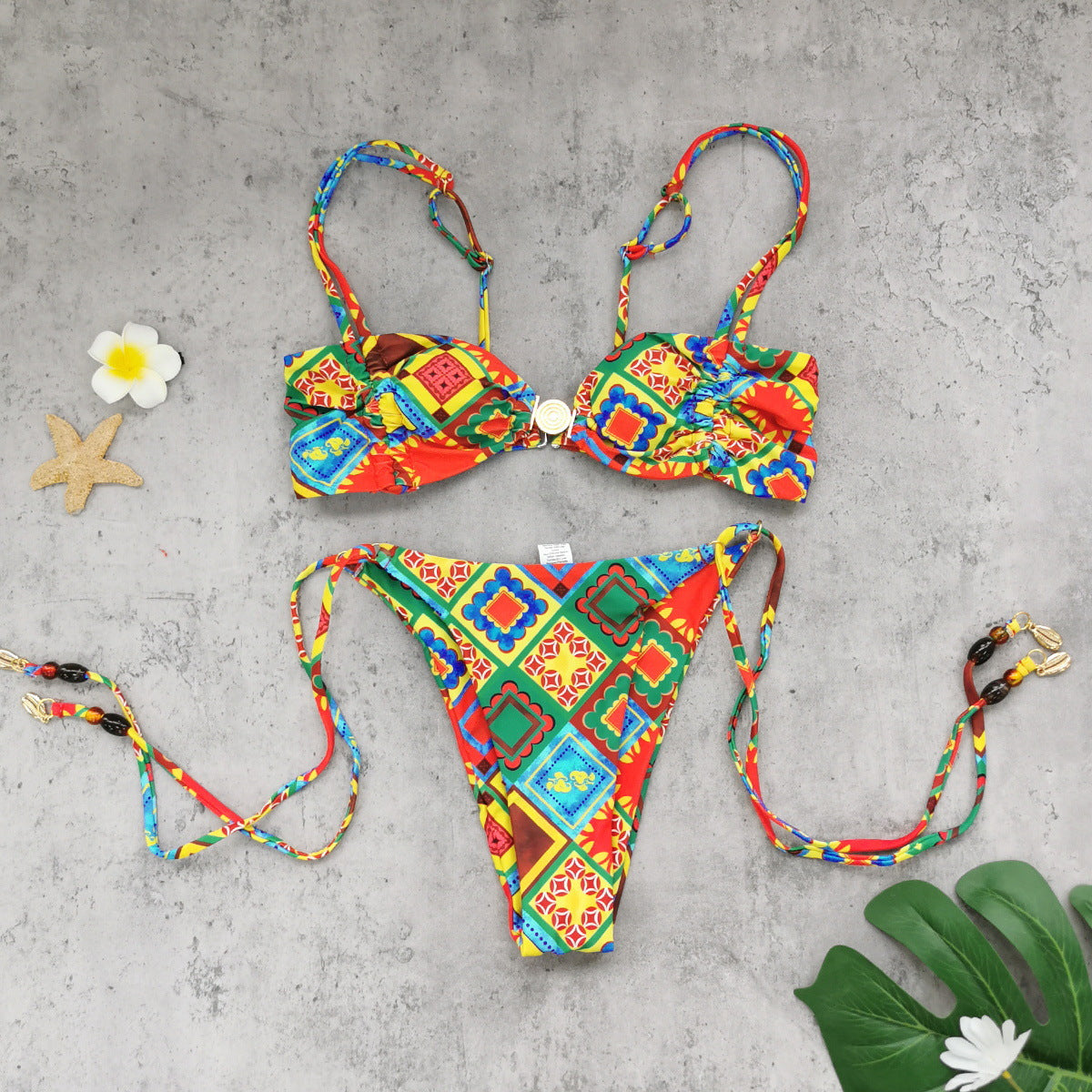 Tube Top Low Waist Three Point Bikini Sexy Backless Lace up Printed Split Swimsuit Women Bikini