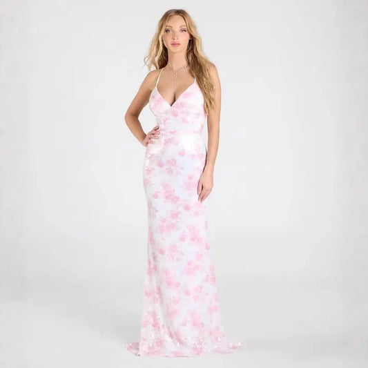 Floral Pink Sequin Backless Maxi Dress Women Party V Neck Sleeveless Bella Mia