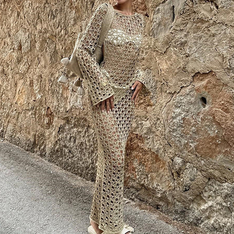 Women Clothes Sexy Hollow Out Cutout Long Sleeved round Neck Maxi Dress Holiday Beach Overskirt Crochet hook Bella Mia