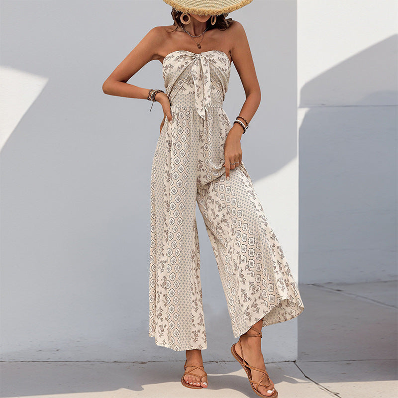 Summer Binding Jumpsuit Ethnic Print Casual Sleeveless Tube Top One Piece Wide Leg Pants Bella Mia