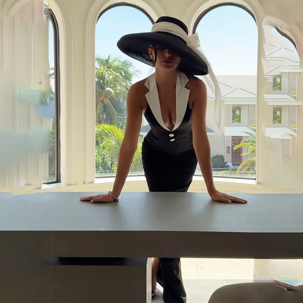 Spring Summer Elegant Collared Dress Sexy Backless Slit Slimming Dress Bella Mia