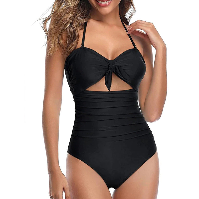 Slim Sexy Push Up Flab Hiding Halter Lace Up One Piece Women Double Shoulder Strap Swimsuit Bella Mia