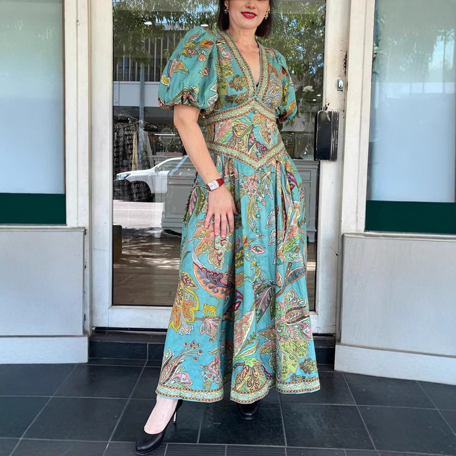 Spring Summer Printed Lantern Sleeve Dress Casual Loose Vacation Dress Women Bella Mia