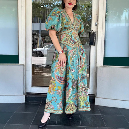 Spring Summer Printed Lantern Sleeve Dress Casual Loose Vacation Dress Women Bella Mia