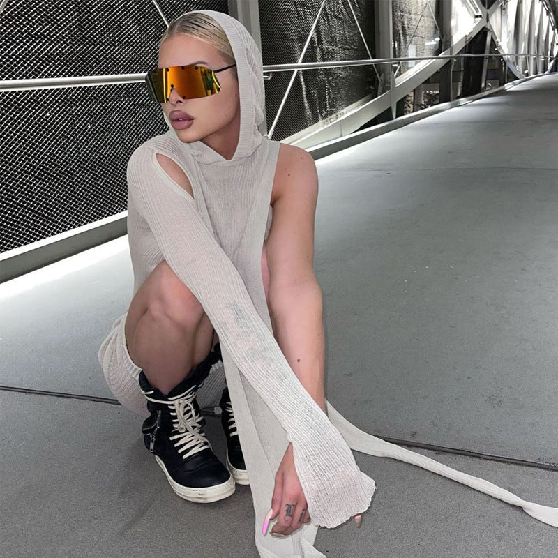 Women Clothing Autumn Fashionable See-through Irregular Asymmetric Shoulder Long Sleeve Hooded Dress Bella Mia