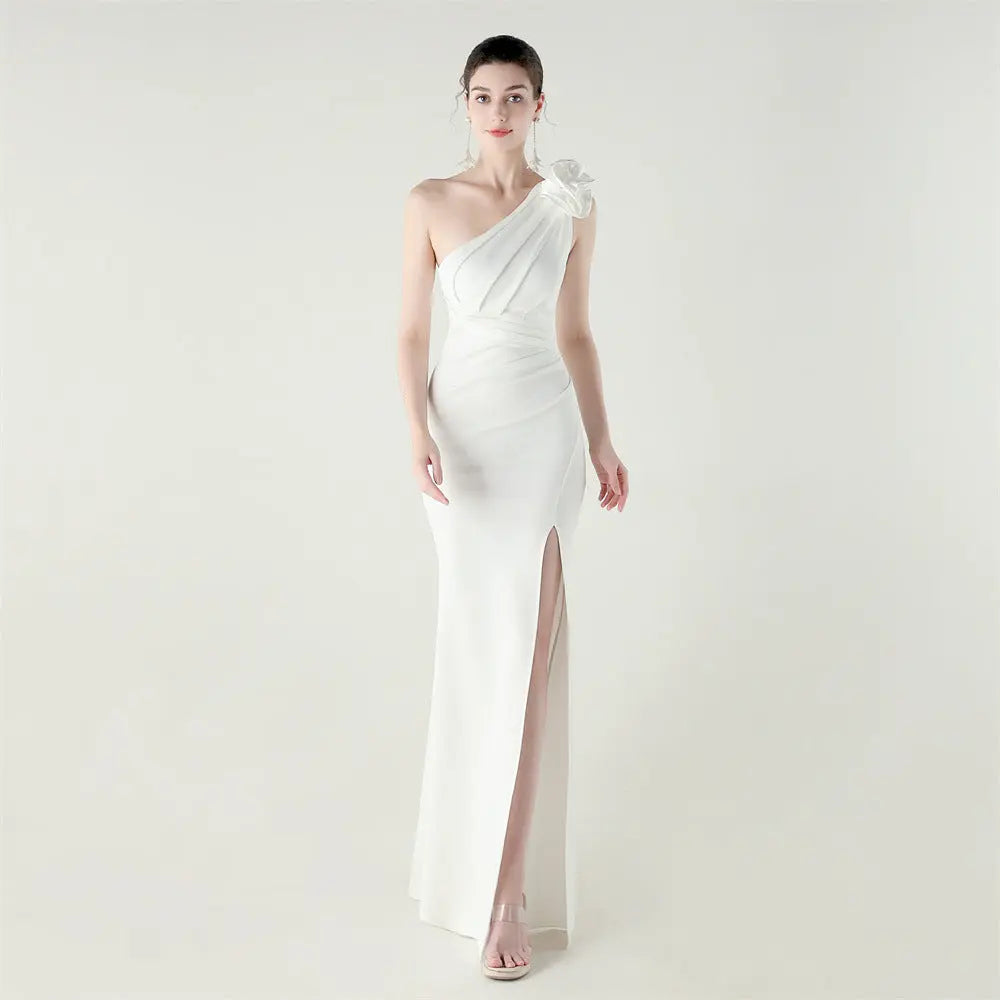 One Shoulder Three Dimensional Floral Satin Folding High Slit Sexy Evening Dress Dinner Wedding Social Bella Mia