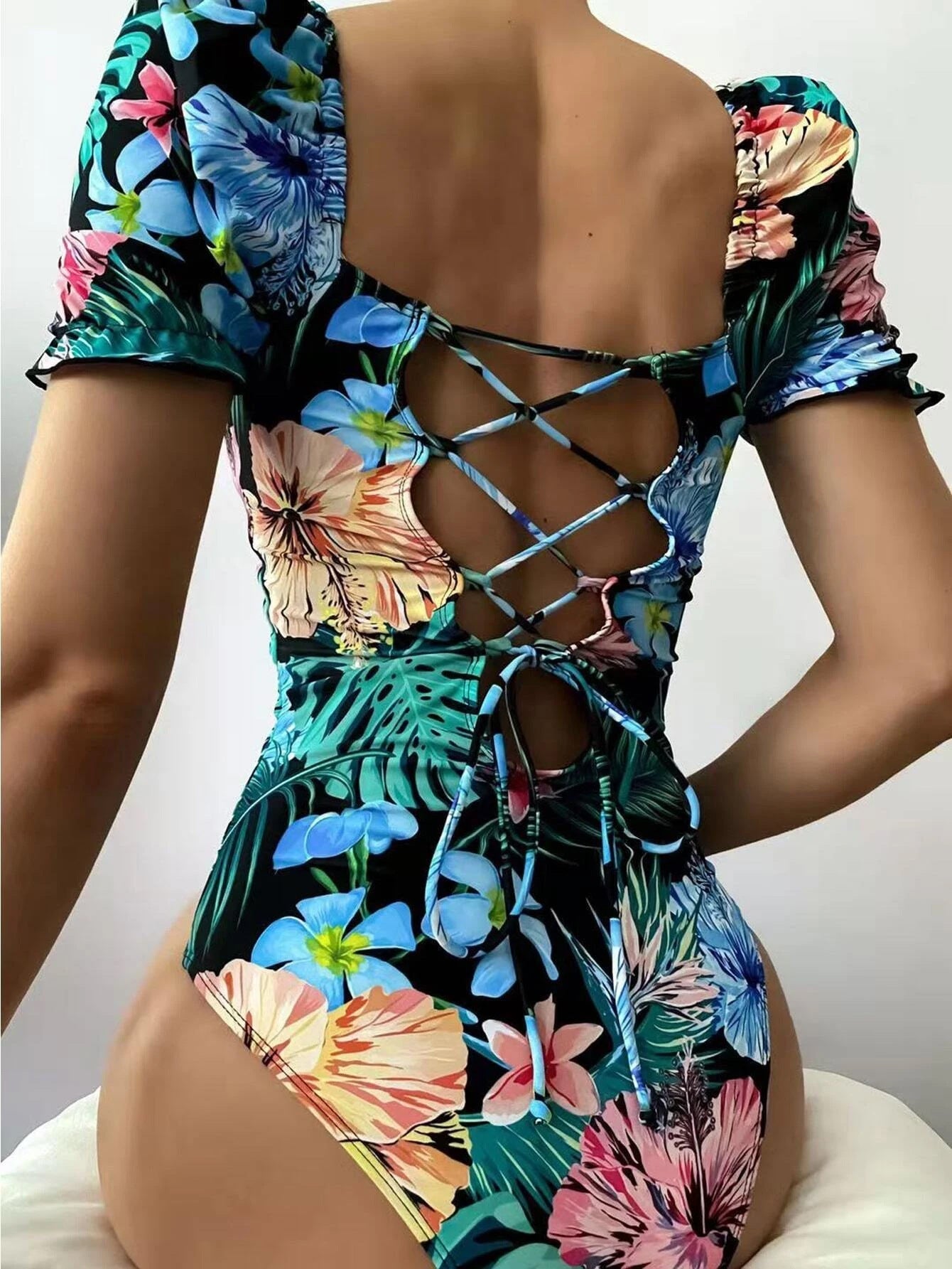 Swimsuit Women Printed Floral Triangle One Piece Printed Bikini Tied Swimsuit Bella Mia
