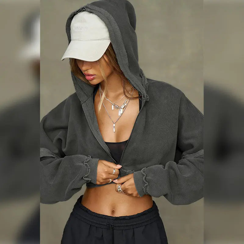 Short Sweater Women Distressed Frayed Cropped Hooded Coat Autumn Winter Solid Color Long Sleeved Top Bella Mia