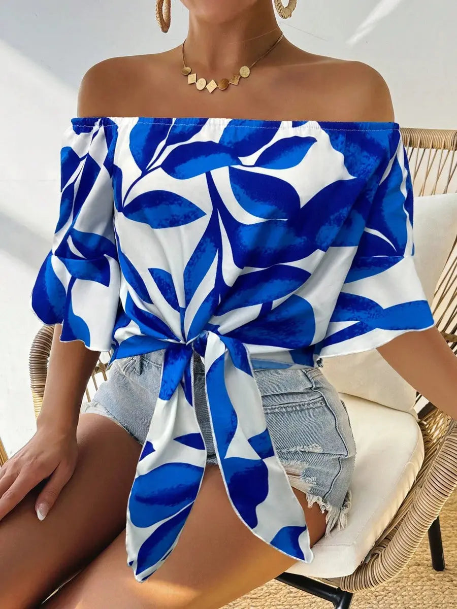 Women Clothing Early Autumn Satin Shirt Printed off the Shoulder Red Loose Fitting Shirt Bella Mia