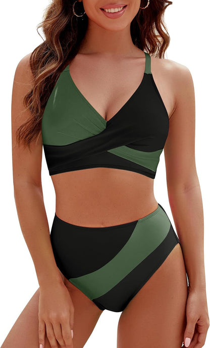 Bikini Contrast Color High Waist Lace up Sexy Split Bikini Swimsuit Swimwear