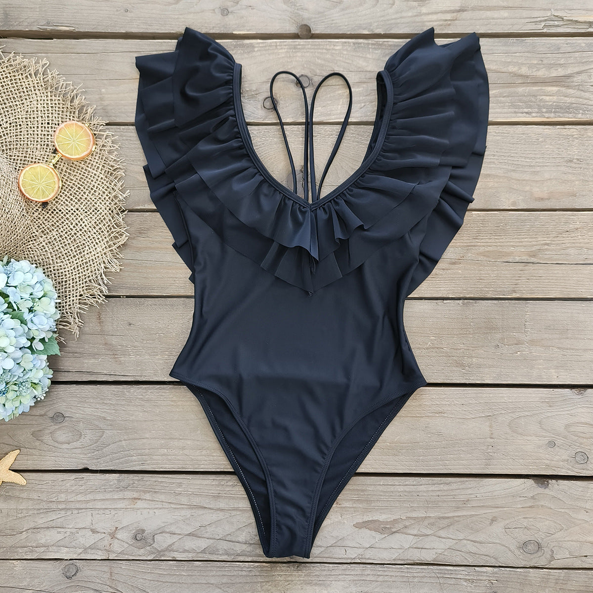 Solid Color Double Layer Ruffled Deep V Plunge Spaghetti Straps One Piece Swimsuit Women Swimsuit