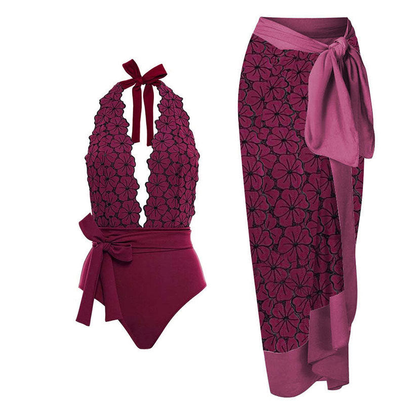 Women One Piece Swimming Bandage Women Tight Retro Printed Bikini Swimsuit Chiffon Skirt Set Bella Mia