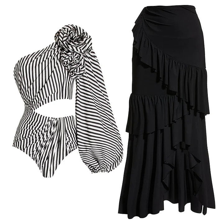 Sexy One Piece Swimsuit Women Pleated Ruffled Striped Swimsuit Bikini Mesh Maxi Dress Bella Mia